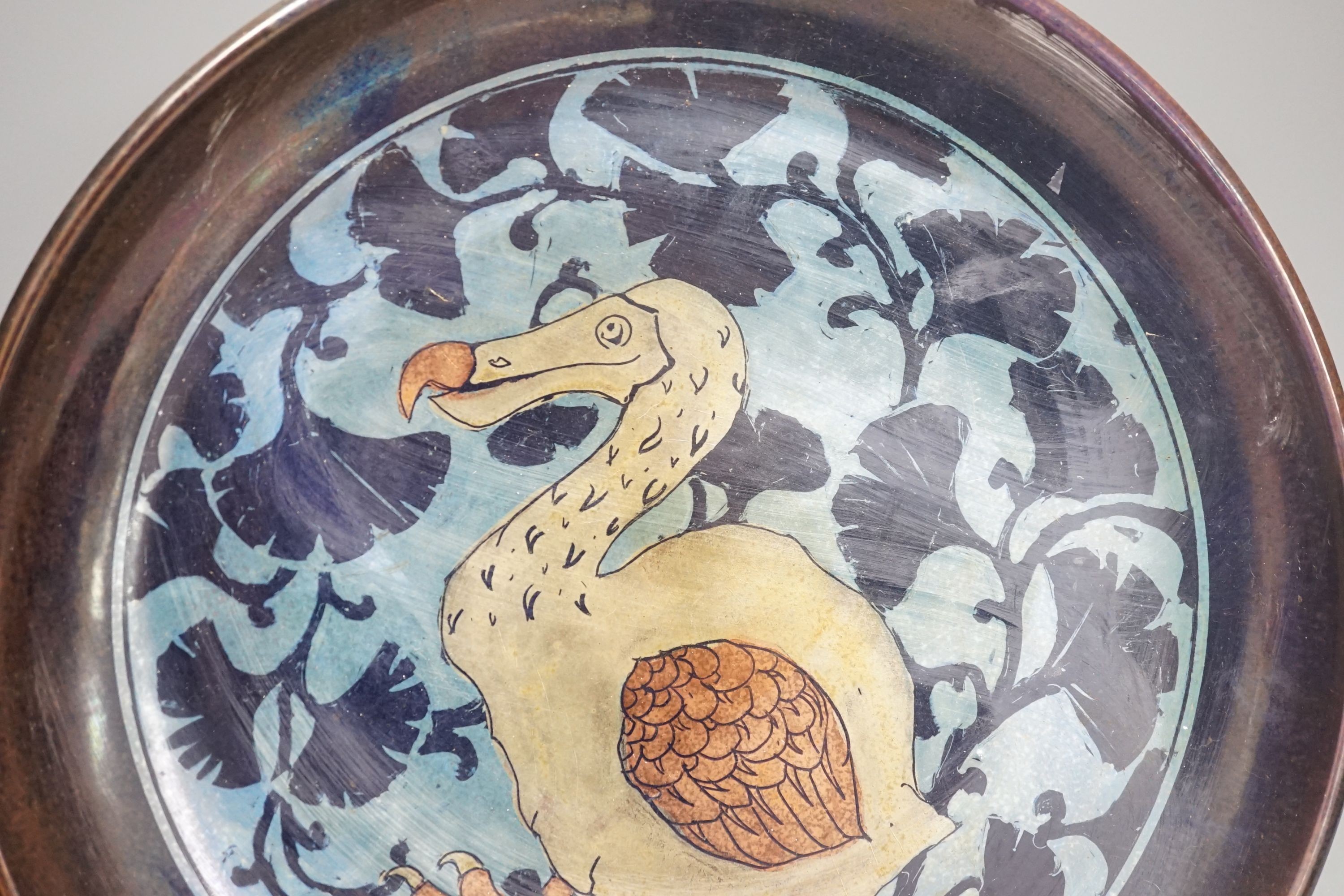 Jonathan Chiswell Jones, a lustre 'dodo' dish, 32.5 cms diameter.